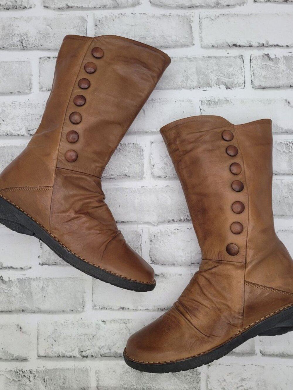 Pristine Miz Mooz Petrillo Brandy Leather Ruched Mid Boots Size 6 US 36 EU